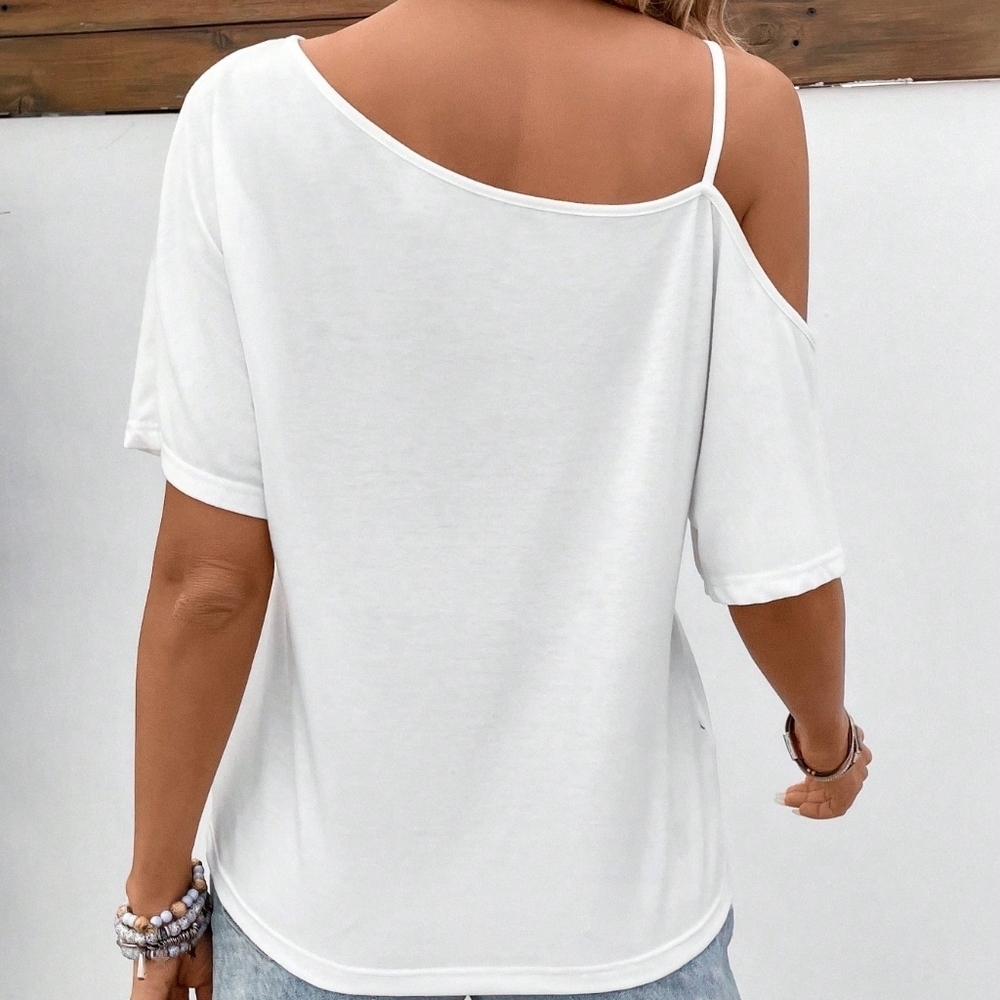 Asymmetrical Neck Short Sleeve American Flag Print Oversized Women T-Shirt, - Picture 3 of 3